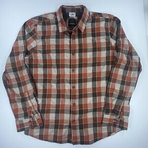 PrAna Flannel Shirt Mens XL Brown Orange Plaid Long Sleeve Button Up Cotton